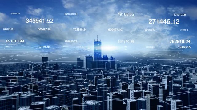 Aerial view of city skyline with futuristic network connections and numbers. Slowly moving camera.