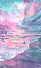 Hand drawn watercolor background. Landscape of pink sunrise, sunset on the sea with sunlight through the cloud and reflection on the water. Design for cover page, banner, booklet, landing page