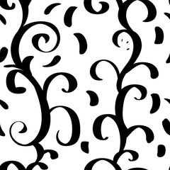 seamless pattern with monograms flowers, contour black and white on white background. geometric elements. print fabric Wallpaper.