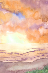 Hand drawn watercolor background. Landscape of orange sunrise, sunset on the sea with sunlight through the cloud and reflection on the water. Design for cover page, banner, booklet, landing page