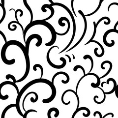 seamless pattern with monograms flowers, contour black and white on white background. geometric elements. print fabric Wallpaper.