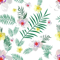 Poster vector seamless beautiful artistic tropical pattern with exotic forest. Colorful original stylish floral print background, bright colors on white background. flowers © perfileva