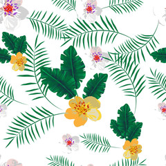 vector seamless beautiful artistic tropical pattern with exotic forest. Colorful original stylish floral print background, bright colors on white background. flowers