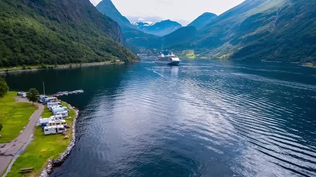 Geiranger fjord, Beautiful Nature Norway. Aerial view of the campsite to relax.