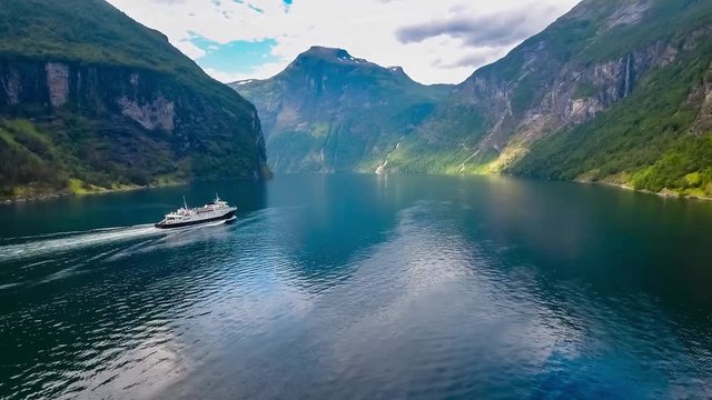 Ferry on the Geiranger fjord, Beautiful Nature Norway.