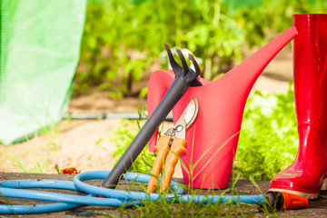 Gardening tools outdoor in garden