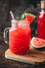 Refreshing cold summer drink watermelon juice with basil