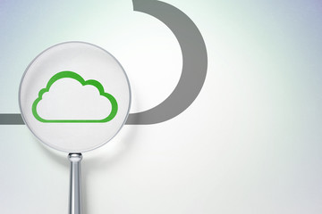 Cloud computing concept: magnifying optical glass with Cloud icon on digital background, empty copyspace for card, text, advertising, 3D rendering