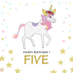 Five birthday greeting. Fifth. Magical Unicorn Birthday invitation. Party invitation greeting card.