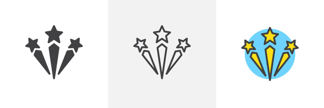Fireworks icon. Line, solid and filled outline colorful version, outline and filled vector sign. Pyrotechnics symbol, logo illustration. Different style icons set. Pixel perfect vector graphics