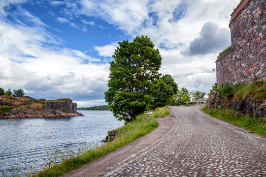 Stone walls of the fortress of Sveaborg on the island of Sumenlinna, the island of Finland. Sights of Northern Europe and Finland