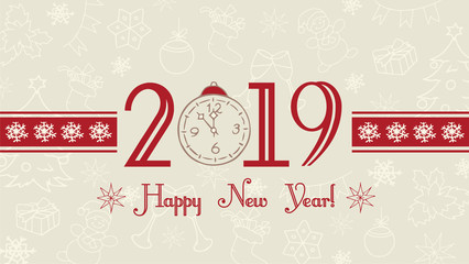 Vector 2019 Happy New Year background, web banner, text label with snowflakes. Winter theme doodles illustration.Greeting card template, flat pastel design.