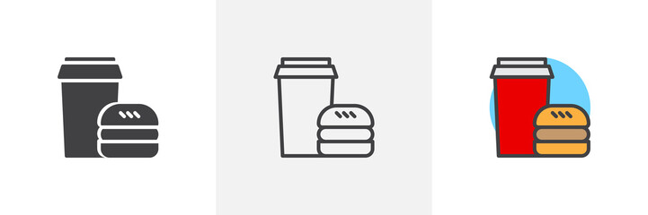 Fast food icon. Line, solid and filled outline colorful version, outline and filled vector sign. Drink and hamburger symbol, logo illustration. Different style icons set. Vector graphics