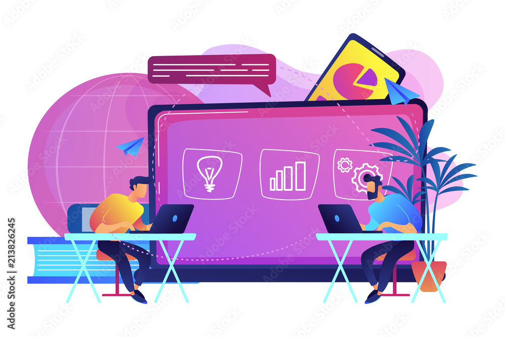 Canvas Prints students with laptops sitting behind interactive board with data. digital, mobile, e-learning, flipp