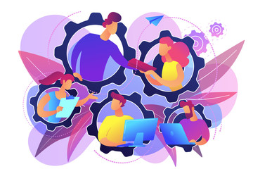 IT team members working as one mechanizm. Dedicated team - software development professionals engaged to the IT project. Business model in IT concept. Violet palette. Vector illustration