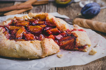 Homemade rustic plum tart, fruit galette