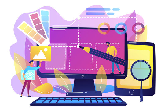 Designers are working on the desing of web page. Web design, User Interface UI and User Experience UX content organization. Web design development concept. Violet palette. Vector illustration