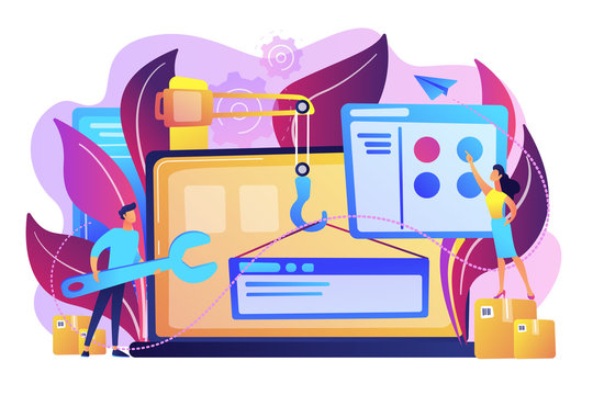 It professionals are creating web site on the laptop screen. Website development or web application, coding, designing for web browsers concept. Violet palette. Vector illustration on background