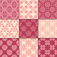 Cherry red and beige floral ornaments. Collection of seamless patterns