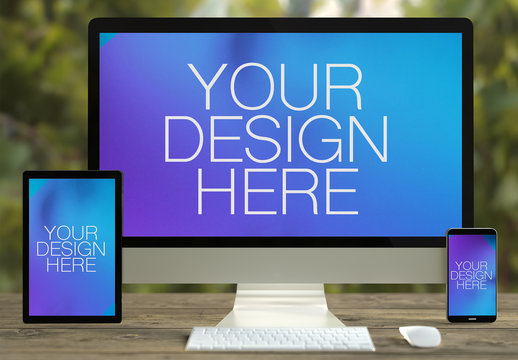 Computer, Smartphone, and Tablet on a Wooden Desk Mockup