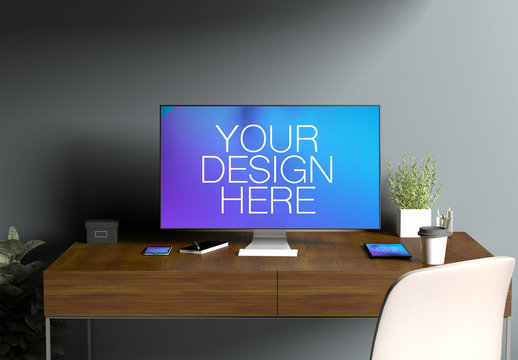 Computer, Smartphone, and Tablet on a Wooden Desk Mockup