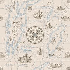 Vector abstract seamless background on the theme of travel, adventure and discovery. Old hand drawn map with vintage sailing yachts, wind rose, routs, nautical symbols and handwritten inscriptions