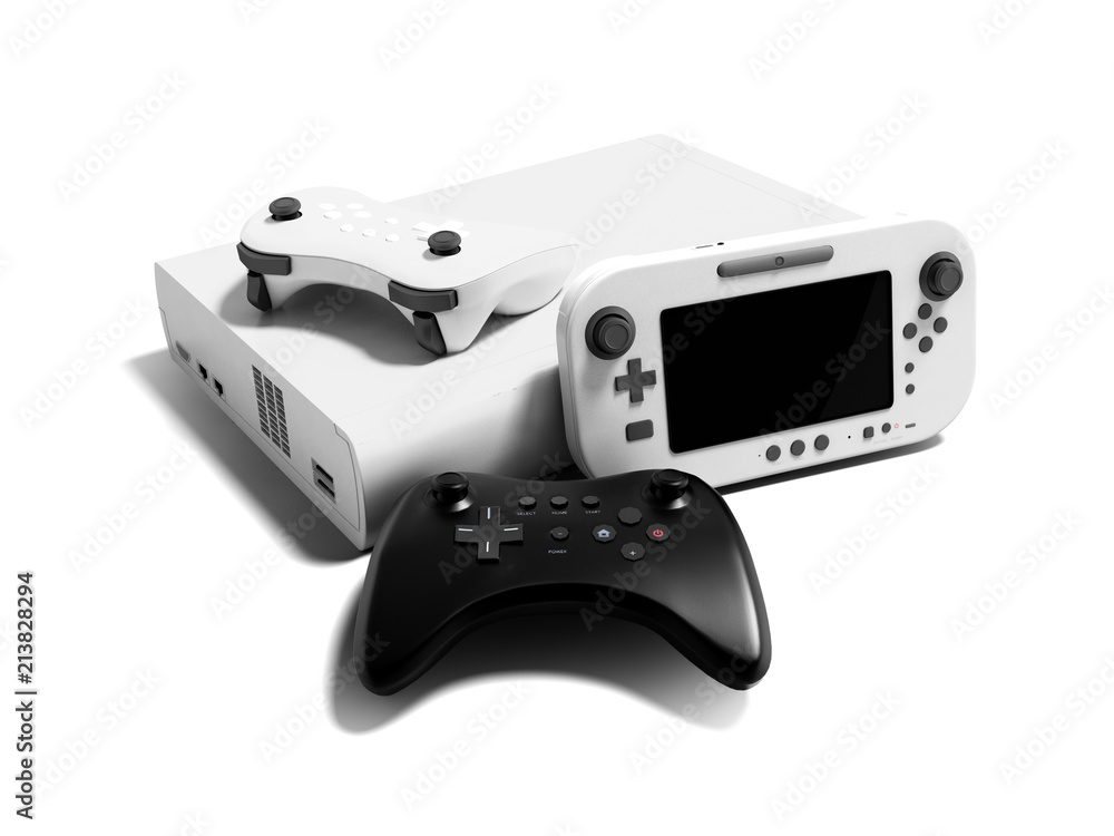 Fototapete modern game console white with two dzhostikami and portable game console 3d render on white backgrou
