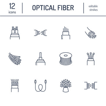 Optical fiber flat line icons. Network connection, computer wire, cable bobbin, data transfer. Thin signs for electronics store, internet services. Editable Strokes.