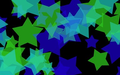 Multicolored translucent stars on a dark background. Green tones. 3D illustration