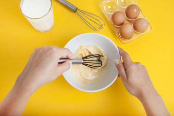 Cooking Dessert Hands Mixing Baking Ingredients Dessert Preparation Yellow Background Top View