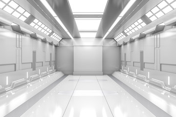 Futuristic tunnel with light. White Spaceship corridor interior view.Future background, business, sci-fi or science concept. 3D Rendering.
