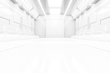 Futuristic tunnel with light. White Spaceship corridor interior view.Future background, business, sci-fi or science concept. 3D Rendering.