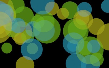 Multicolored translucent circles on a dark background. Green tones. 3D illustration