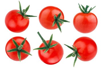 Cherry tomatoes with green stem isolated on white background