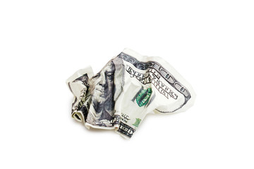 Closeup crumpled banknote of 100 dollars isolated on white background