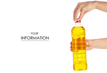 Bottle of sunflower oil in hand pattern on white background isolation