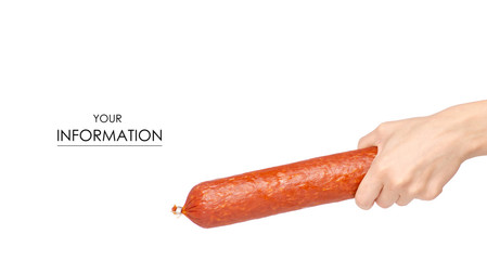 A smoked sausage in hand pattern on a white background isolation