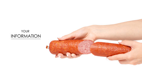 A smoked sausage in hand pattern on a white background isolation