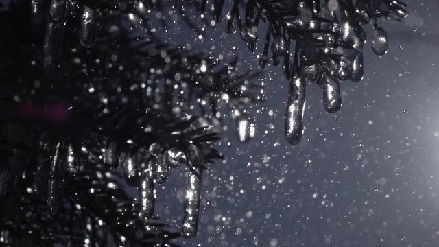 Heavy water droplets falling on fir needles and glittering frozen icicles against blue sky background in slow motion. Magic closeup view of peaceful nature with sparkling rain drops and lens flare.

