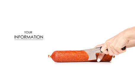 A smoked sausage knife in hand pattern on a white background isolation