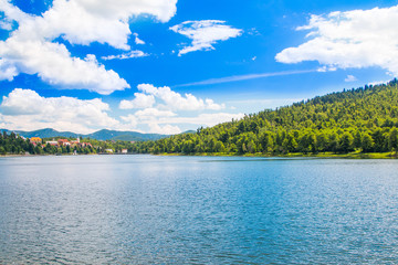      Panorama of beautiful town of Fuzine on Lake Bajer, Gorski kotar, Croatia 
