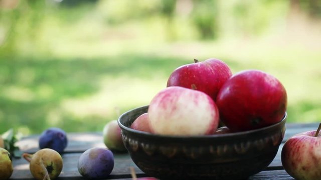 Bowl With Apples on a table in garden