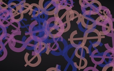 Multicolored translucent dollar signs on dark background. Red tones. 3D illustration