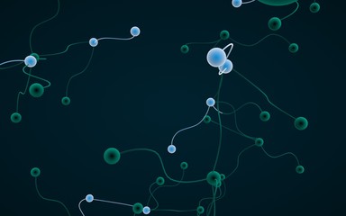 Fototapeta premium Neural network. Social network. Futuristic dna, deoxyribonucleic acid. Abstract molecule, cell illustration, mycelium. Dark background. 3D illustration