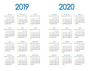 New year 2019 and 2020 vector calendar modern simple design with round san serif font,Holiday event planner,Week Starts Sunday..