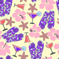 seamless texture with beach objects hibiscus, cocktail, sea star, flip flops.