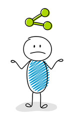 Confused stickman with share (social media) icon. Vector.