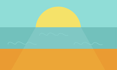 Sunset on the sea or ocean. The large crimson sun sets on the water. Vector flat illustration.