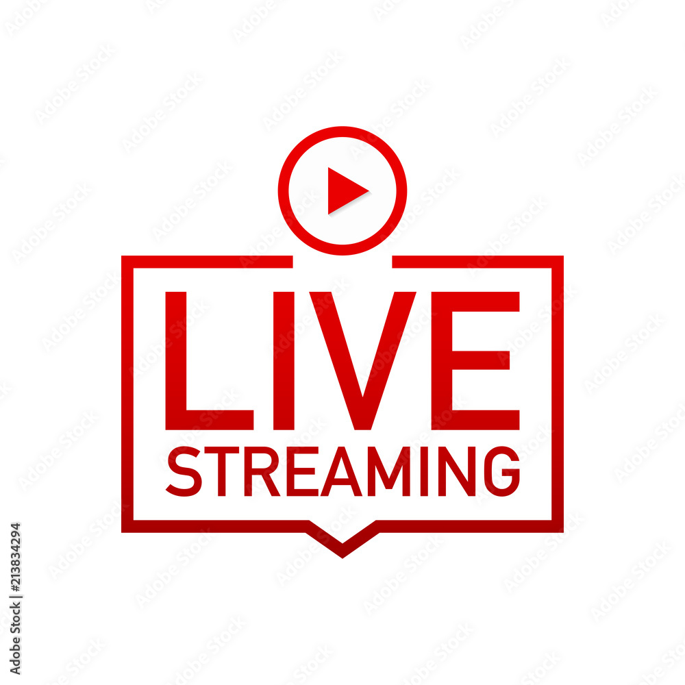 Aufkleber live streaming flat logo - red vector design element with play button.