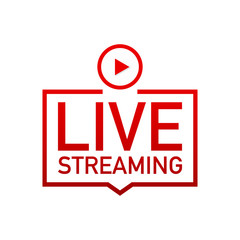 Live streaming flat logo - red vector design element with play button.